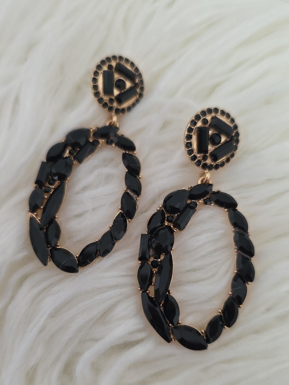 Black Crystal Statement Earrings Gold Oval Drop Dangle Rhinestone Wedding Prom